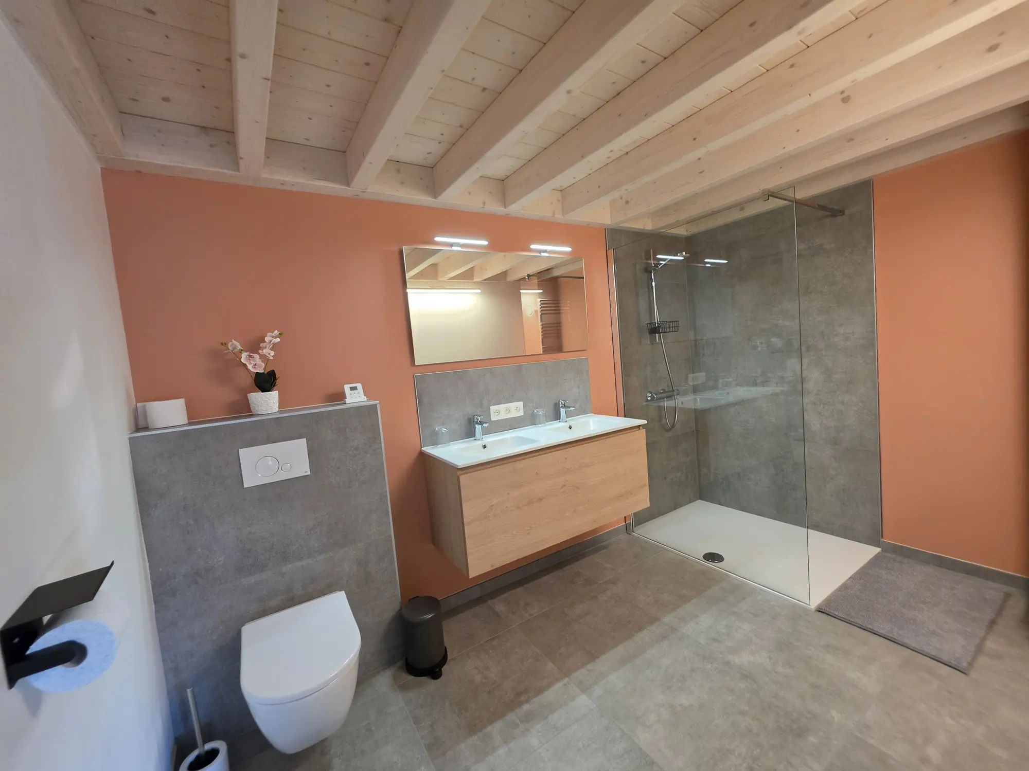 Salle de douche avec double vasque et paroi vitrée
