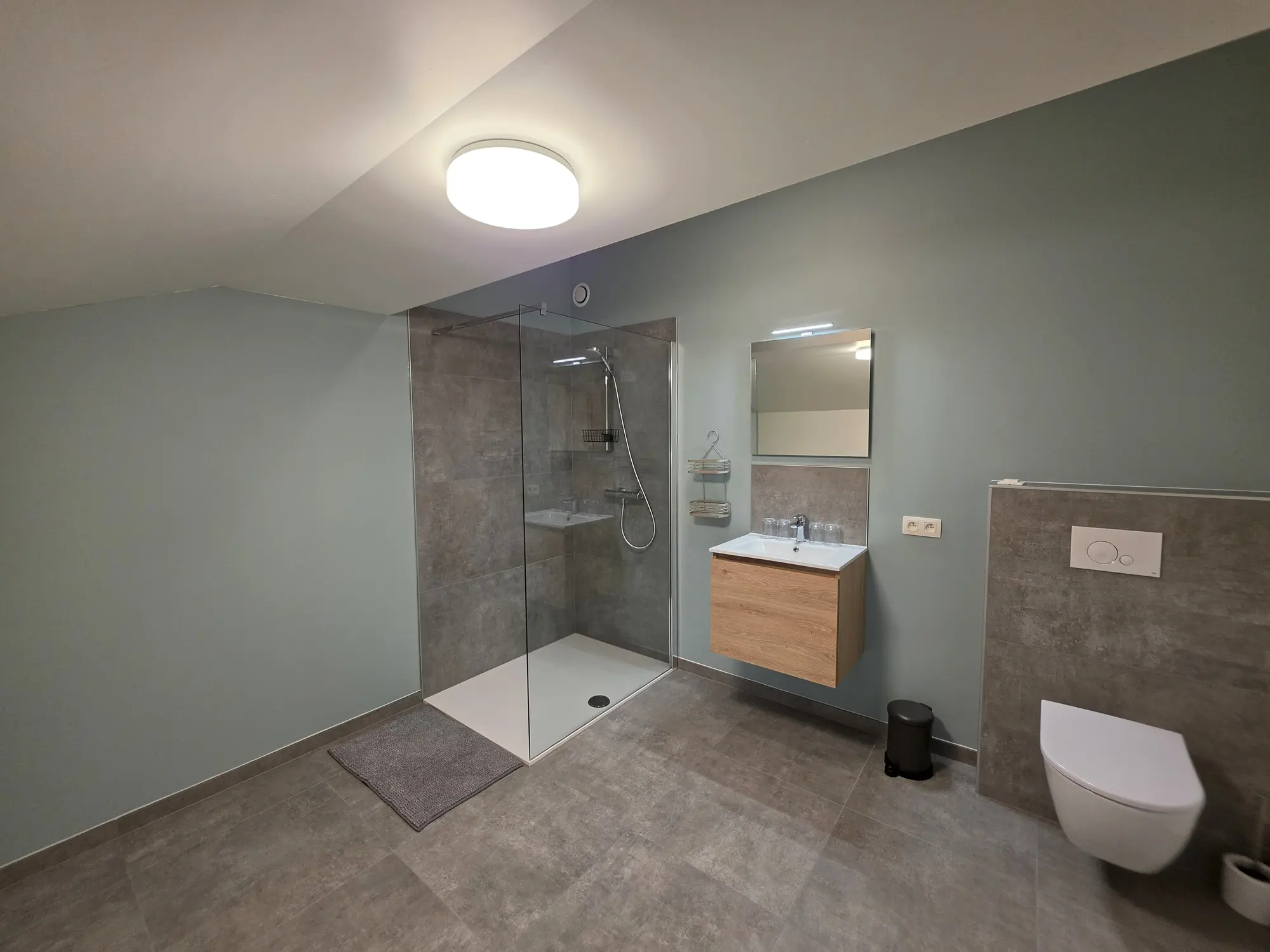 Salle de bain avec douche et meuble vasque